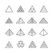 Vector line set of icons related with pyramid. Simple outline sign.