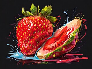 Canvas Print - drawing strawberry on black background