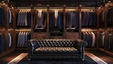 Fototapeta Natura - Luxury store of men clothing with black sofa, male wardrobe interior