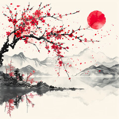 Watercolor painting of Landscape with sakura branches, lake and hills in traditional japanese style.