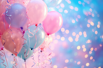 Poster - Celebration. Colorful balloons. Confetti, lights and bokeh. Background image. Created with Generative AI technology.