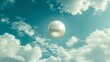 A pearl floats against a backdrop of fluffy white clouds and a bright blue sky