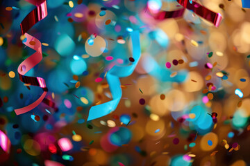 Poster - Celebration. Colorful confetti, lights and bokeh. Background image. Created with Generative AI technology.
