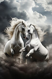 Fototapeta Kwiaty - White stallion horses fighting on the beach, AI generated