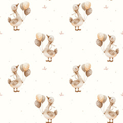 Cute little goose with balloons. Watercolor vector seamless pattern