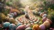 An organism, the rabbit, is perched on a mound of colorful Easter eggs amidst the natural landscape of a garden, blending into the vibrant painting of grass and fruit around it AIG42E