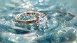 Convey the essence of romance and sophistication by featuring a captivating scene where a gold diamond ring appears to float effortlessly on the water
