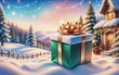 An illustrated Christmas landscape with a gift box, creating a festive atmosphere of joyful celebration and cozy winter scenes, with magical lights and holiday spirit. The wide-angle view captures the