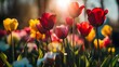 Vibrant tulips blooming under the morning sun cap,  Scenic view of field against sky during sunset , Close-up of red tulip on field Ai generated 