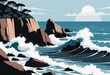 A rugged coastline with waves crashing against the rocks