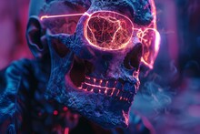 Glowing Neon Gothic Skull With Pulsing Brain Surreal Digital Art In Vibrant Electric Pop Color Style