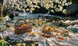 picnic in nature by the river with bloomed spring cherry flowers, very romantic, date ideas in nature