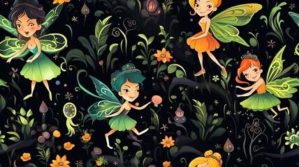 Wall Mural - Enchanted Palette: Fairies Seamless Texture in Vibrant Colors