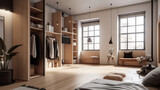 Fototapeta  - Scandinavian style wardrobe interior with wooden furniture in modern house.
