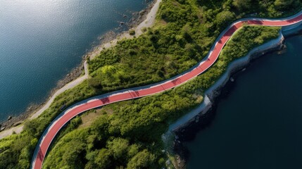 Aerial view of curved asphalt road near the ocean or sea, coastline	
