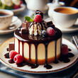 카페, 초코시럽이 올라간 치즈케이크 (Cafe, cheesecake with chocolate syrup)