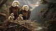 Pair Of Majestic Bald Eagles and Their Eaglets Sitting Their Nest. The Tranquil Expanse Of A Forested Wetland. Biodiversity, Birdwatching, and Wildlife. Digital illustration. AI Generated