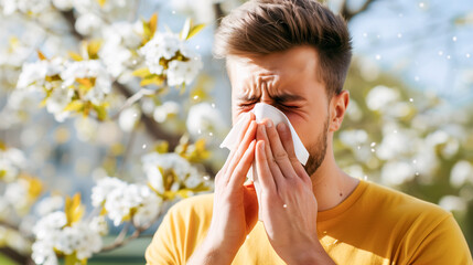 man blowing his nose due to spring allergies - pollen allergy concept