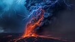 Closeup of volcanic lightning, with electric arcs weaving through the ash, a fierce display of natures energy and chaos