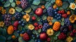A seamless vector pattern featuring ripe berries like strawberries, raspberries, and blueberries, intermixed with fresh leaves, illustrating a vibrant, healthy summer theme