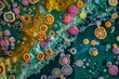 Microbial landscape, magnified view of bacterial colonies resembling an aerial earth view, vibrant and detailed, in a scientific exhibition