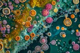 Fototapeta  - Microbial landscape, magnified view of bacterial colonies resembling an aerial earth view, vibrant and detailed, in a scientific exhibition