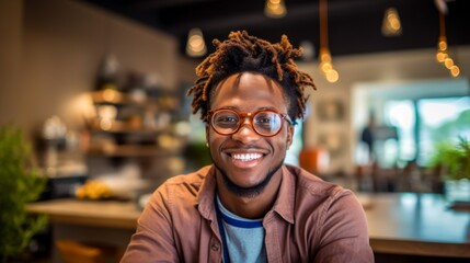 Wall Mural - A man with glasses smiles warmly inside a cafe.