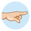 Avatar icon indicates the direction. Child's hand with index finger. In a blue circle. Isolated on white background. Vector illustration.