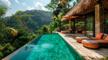 Luxurious Villa Or Resort In A Tropical Landscape In Indonesia. Hotel With Infinity Pool Overlooking Nature. Parasol And Chill Out Area To Relax On A Trip Or Vacation.