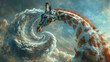 Giraffe neck transforming into a swirling staircase among the clouds, surreal digital art.