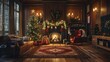 A cozy holiday living room scene, with a decorated Christmas tree, plush sofas, and a crackling fireplace casting a warm glow, creating the perfect setting for intimate family gatherings and cherished