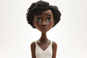 Poster - Sad stressed upset African cartoon character young woman female girl person wearing white top in 3d style design on light background. Human people feelings expression concept
