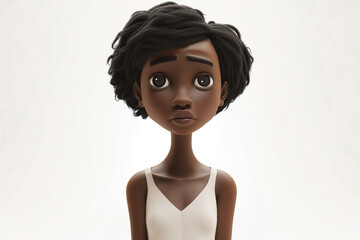 Sticker - Sad stressed upset African cartoon character young woman female girl person wearing white top in 3d style design on light background. Human people feelings expression concept