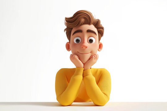 Think question doubt cartoon character young adult man boy teen person in yellow sweater in 3d style design on light background. Human people feelings expression concept