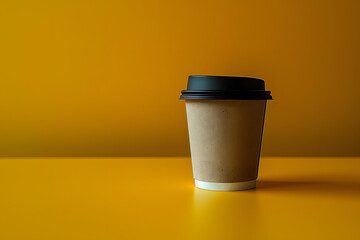 Wall Mural - a cup of coffee sitting on top of a yellow table next to a black lid on the top of the cup is a black lid on the top of the cup.