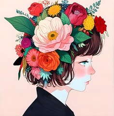 Surreal portrait of a woman wearing a floral headdress. Generative AI