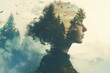 Nature's Embrace: Double Exposure Uniting Human Face and Forest, Symbolizing Harmony and Vitality, generative ai