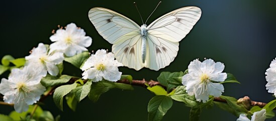 Wall Mural - A colorful butterfly rests gently on a slender branch among lush green leaves in a peaceful natural setting