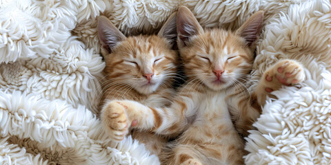 Wall Mural - Adorable Ginger Kittens Sleeping Peacefully in Cozy Blanket