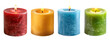 Petite candles collection in red, yellow, blue and green colors over isolated transparent background