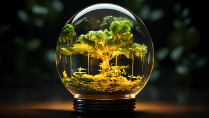 Poster - Green trees and plants in the glass sphere of a light bulb. The concept of green environmentally friendly alternative energy and ecology