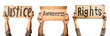 Three signs for activism with people holding claiming for justice, awareness and rights. Isolated over white transparent background