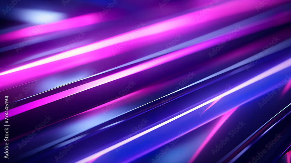 Vibrant blue and pink lights cast a neon glow over a series of diagonal ...