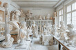 
Una gran sala utilizada como laboratorio de artistas, llena de esculturas: columnas de mármol, bustos, grandes animales