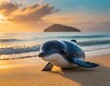 baleia golfinho bonito do bebê sentado na praia de areia ao pôr do sol