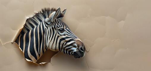 Banner with zebra head peeking through a hole in a beige paper wall. 