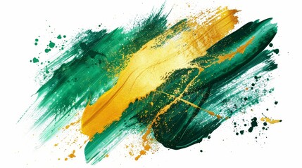 Wall Mural - Artistic paint smears with golden glitter. Abstract dynamic green gold brush strokes isolated on white background. Colorful ink.