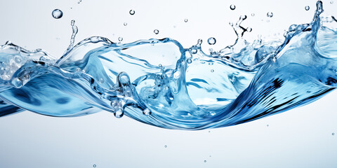 Splashing blue water waves on white background