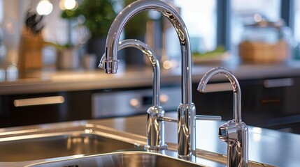 Elegant chrome faucet tap in a kitchen setting, close-up on the 3-hole basin taps, embodying ideal, high-quality design inspirations