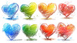 En un fondo blanco, varios corazones dibujados con lápices de colores y con una textura de garabato varios corazones emparejados, algunos entrelazados con mucho espacio en blanco